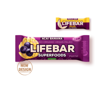 Lifebar Plus baton cu acai si banane raw bio, Lifefood, 47gr